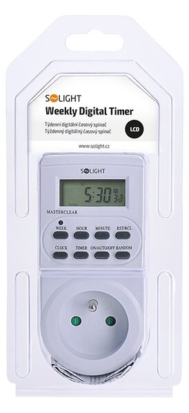 SOLIGHT Digitální týdenní časový spínač 230V/16A, 1 zásuvka, bílý