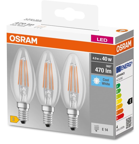 3 ks průhledná LED žárovka E14 4 W BASE studená bílá