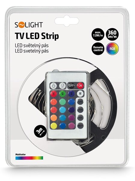 SOLIGHT LED RGB pásek 3m, sada s 12V adaptérem a dálkovým ovladačem, 7,2W/m, IP20