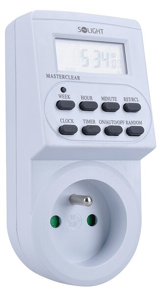 SOLIGHT Digitální týdenní časový spínač 230V/16A, 1 zásuvka, bílý