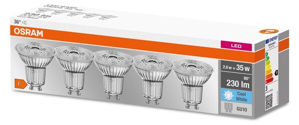 5 ks kvalitní LED bodovka GU10 2,6 W PAR16 BASE studená bílá