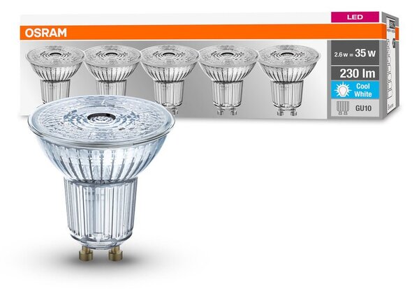 5 ks kvalitní LED bodovka GU10 2,6 W PAR16 BASE studená bílá