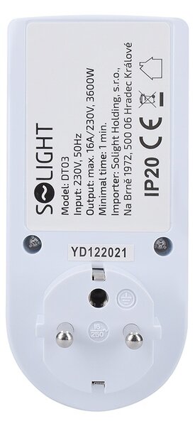 SOLIGHT Digitální týdenní časový spínač 230V/16A, 1 zásuvka, bílý