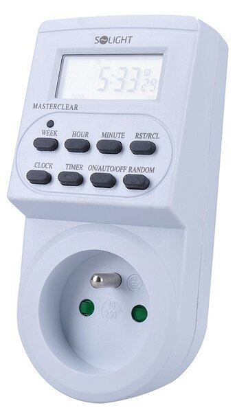 SOLIGHT Digitální týdenní časový spínač 230V/16A, 1 zásuvka, bílý