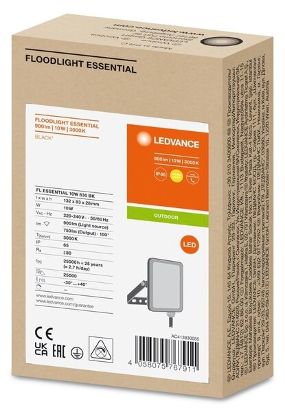 Černý venkovní LED reflektor ESSENTIAL 10 W, teplá bílá