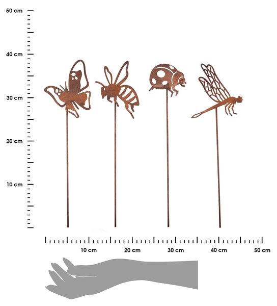 Zapichovací zahradní dekorace Bugs, sada 4ks, 38 cm, kov, hnědá