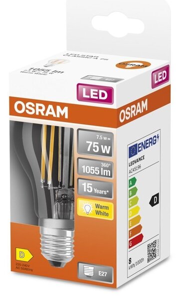 Průhledná klasická LED žárovka E27 7,5 W STAR, teplá bílá