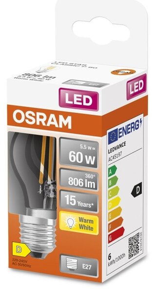Mini průhledná LED žárovka E27 5,5 W CLASSIC P, teplá bílá