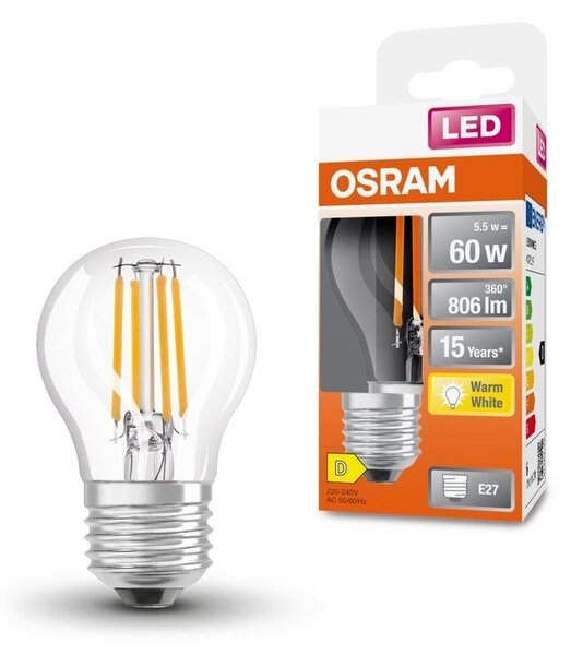 Mini průhledná LED žárovka E27 5,5 W CLASSIC P, teplá bílá