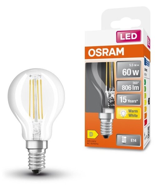 Průhledná LED žárovka E14 5,5 W CLASSIC P, teplá bílá