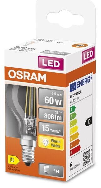 Průhledná LED žárovka E14 5,5 W CLASSIC P, teplá bílá