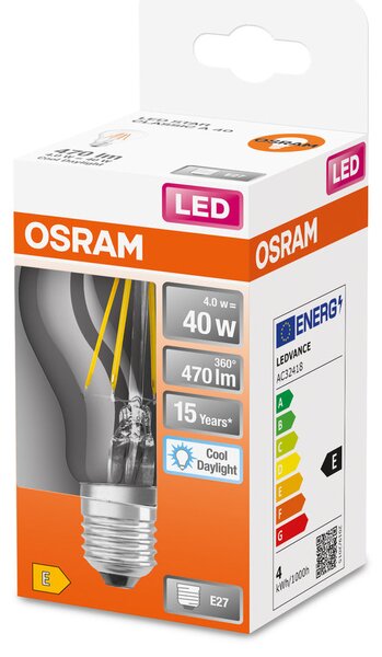 Průhledná LED žárovka E27 4 W CLASSIC A, studená denní bílá
