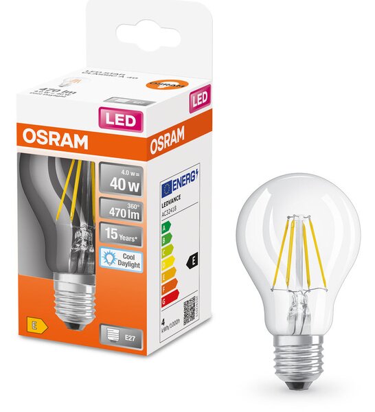 Průhledná LED žárovka E27 4 W CLASSIC A, studená denní bílá