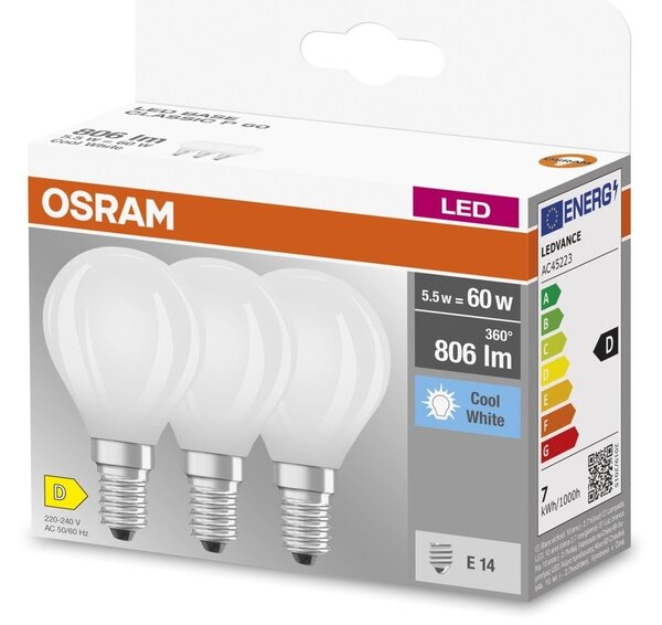 3 ks matná mini LED žárovka E14 5,5 W CLASSIC P, studená bílá