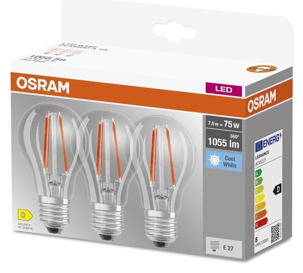 3 ks průhledná LED žárovka E27 7,5 W CLASSIC A, studená bílá