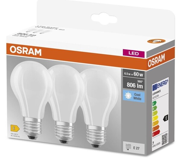 3 ks matná LED žárovka E27 6,5 W CLASSIC A, studená bílá
