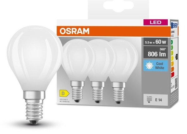 3 ks matná mini LED žárovka E14 5,5 W CLASSIC P, studená bílá