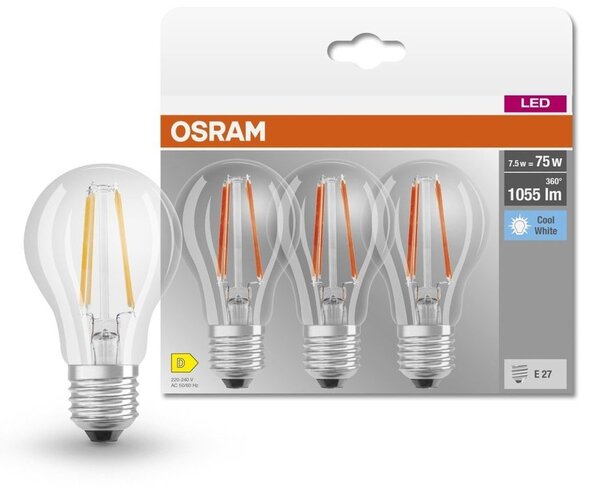 3 ks průhledná LED žárovka E27 7,5 W CLASSIC A, studená bílá