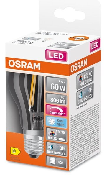Průhledná LED stmívatelná žárovka E27 5,8 W SUPERSTAR, studená bílá