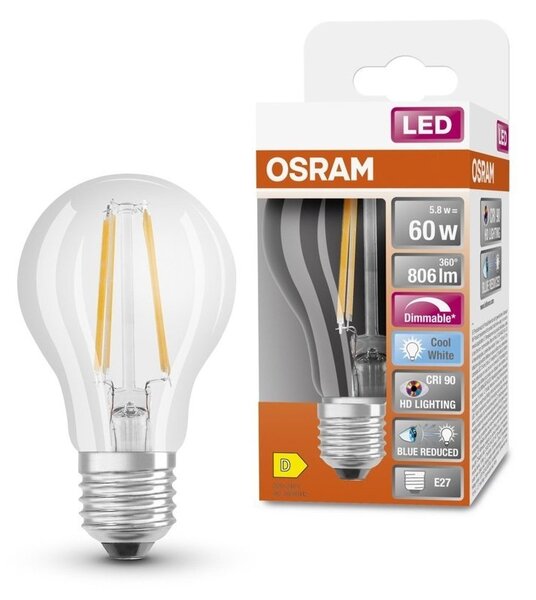 Průhledná LED stmívatelná žárovka E27 5,8 W SUPERSTAR, studená bílá