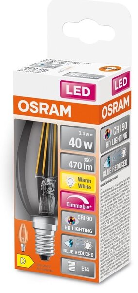 Průhledná LED stmívatelná žárovka E14 3,4 W SUPERSTAR, teplá bílá