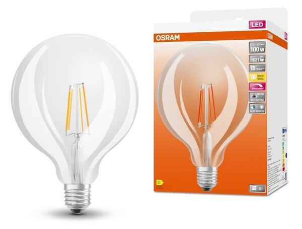 Průhledná LED stmívatelná žárovka E27 11 W PLUS GLOBE, teplá bílá