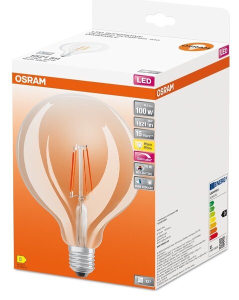 Průhledná LED stmívatelná žárovka E27 11 W PLUS GLOBE, teplá bílá