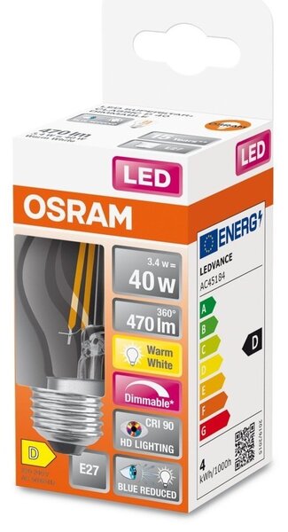 LED žárovka s redukcí modrého světla E27 3,4 W CLASSIC P, teplá bílá