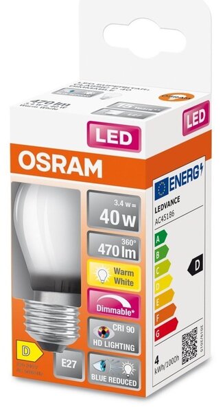 Matná LED žárovka s redukcí modrého světla E27 3,4 W CLAS P, teplá bílá