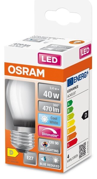 Matná LED žárovka s redukcí modrého světla E27 3,4 W CLAS P, studená bílá