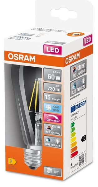 LED žárovka s redukcí modrého světla E27 5,8 W EDISON, studená bílá