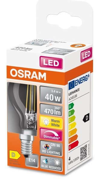 LED žárovka s redukcí modrého světla E14 3,4 W CLASSIC P, teplá bílá