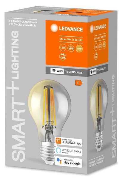 Kouřová stmívatelná WiFi LED žárovka E27 6 W FILAMENT, teplá bílá