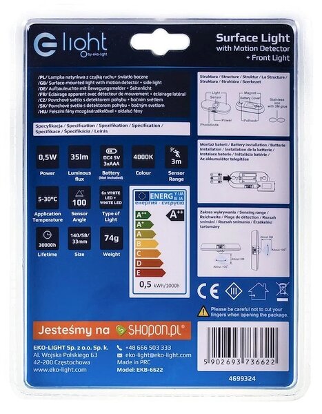 Nástěnné LED svítidlo, 1x LED 0,5w 4000k, w, pohybový senzor