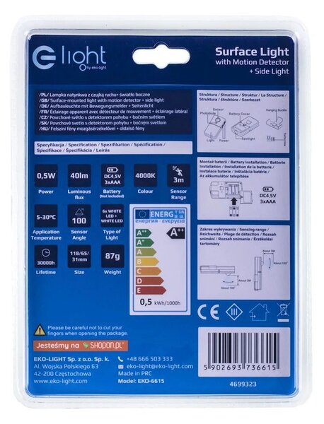 LED svítidlo + boční světlo, 1x LED 0,5w 4000k, w, pohybový senzor