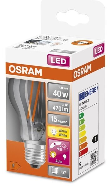LED žárovka se senzorem E27 4,9 W DAY NIGHT CLASSIC A, teplá bílá