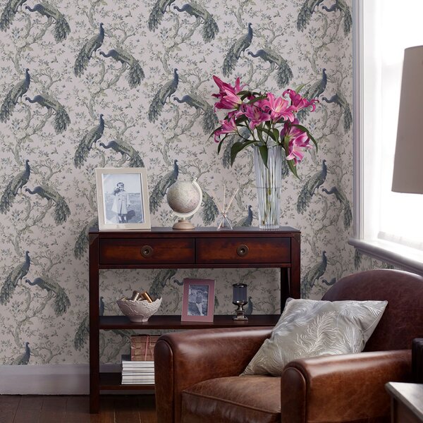 Vliesová tapeta na zeď, šedo-bílá, pávi, květiny 113397, Laura Ashley Signature