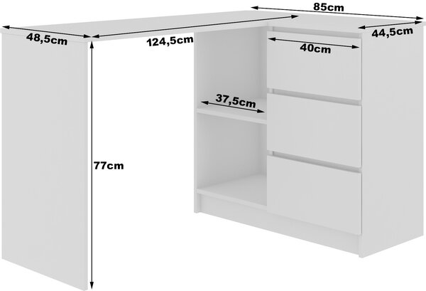 Ak furniture Rohový psací stůl B16 124 cm bílý/bílý lesk pravý