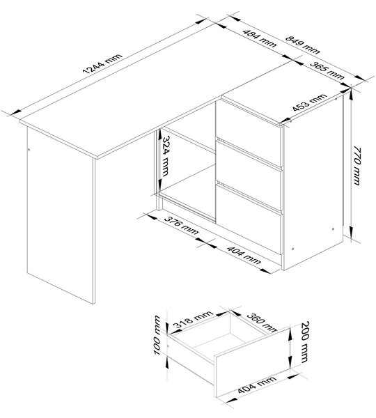 Ak furniture Rohový psací stůl B16 124 cm bílý pravý