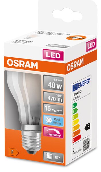 Matná stmívatelná LED žárovka E27 4,8 W CLASSIC A, studená bílá
