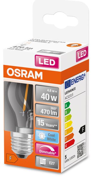Průhledná LED stmívatelná žárovka E27 4,8 W CLASSIC P, studená bílá