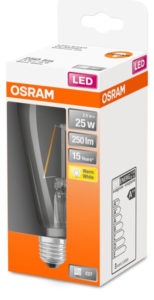 Průhledná LED žárovka E27 2,5 W EDISON, teplá bílá