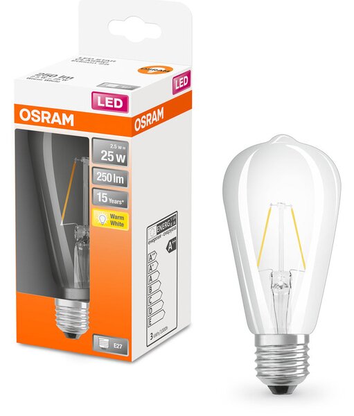 Průhledná LED žárovka E27 2,5 W EDISON, teplá bílá