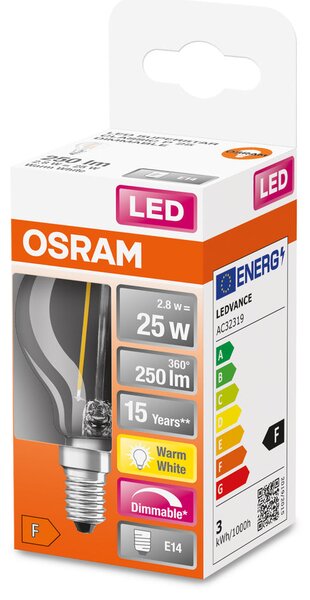 Stmívatelná LED žárovka E14 2,8 W CLASSIC P, teplá bílá