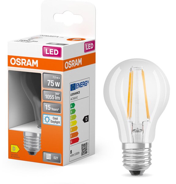 Průhledná LED žárovka E27 6,5 W CLASSIC A, studená denní bílá