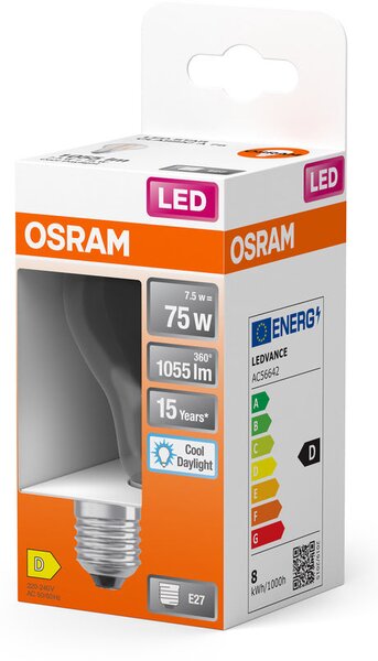 Průhledná LED žárovka E27 6,5 W CLASSIC A, studená denní bílá