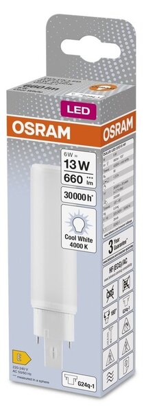 Dlouhotrvající LED žárovka G24q-1 6 W DULUX, studená bílá