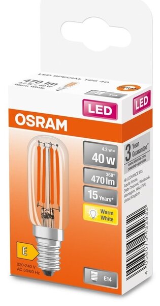 Průhledná LED žárovka E14 4,2 W SPECIAL T26, teplá bílá