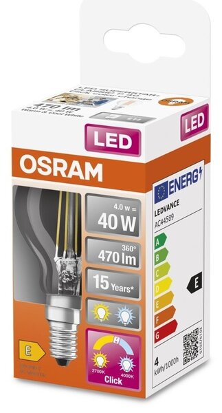Průhledná LED žárovka E14 4 W CLASSIC P, latidtelná bílá