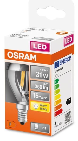 LED žárovka se stříbrnou zrcadlovou korunkou E14 4 W, teplá bílá